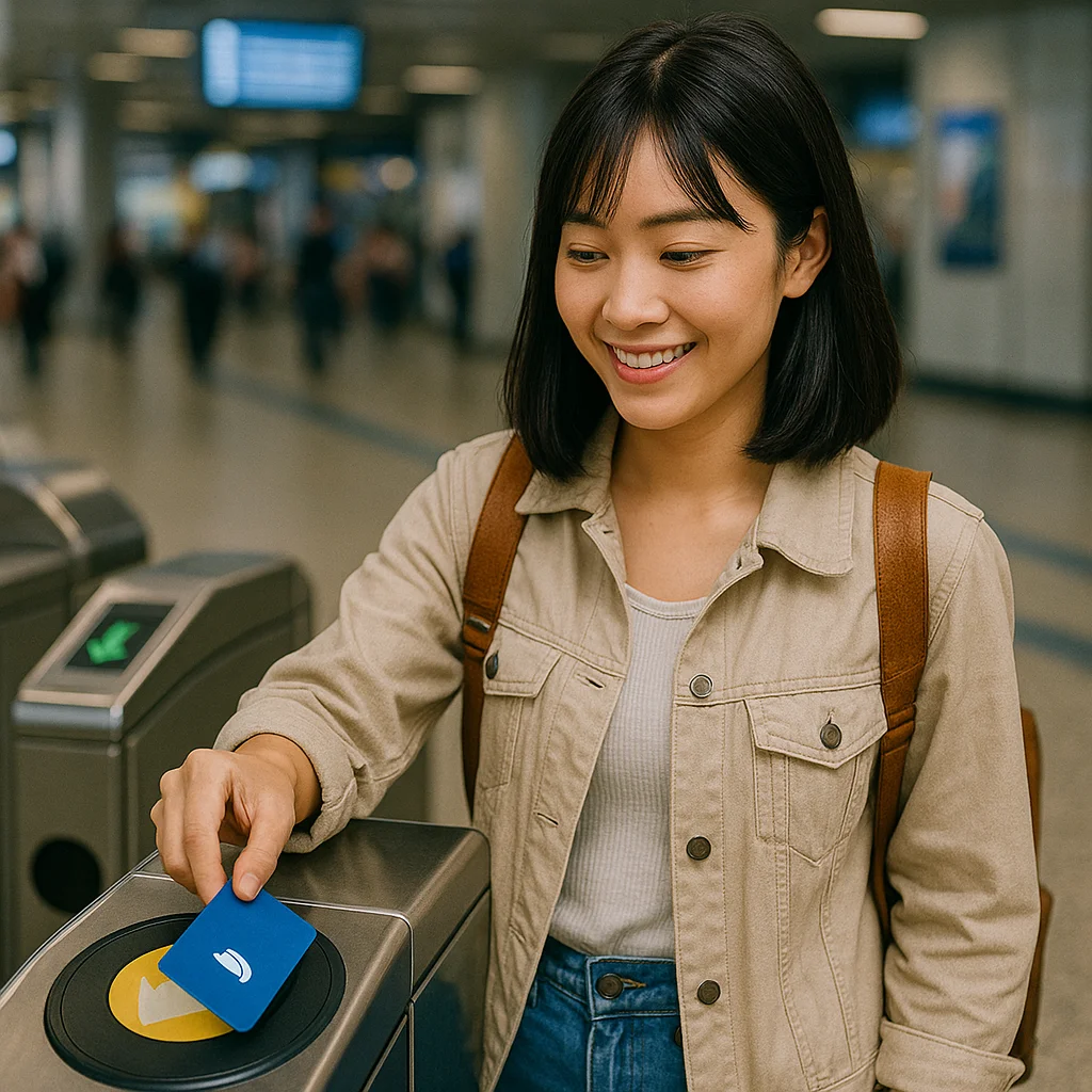 A modern travel scene showing a person using a contactless transit card at a subway gate in a foreign city