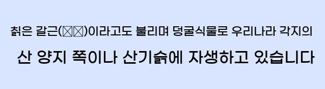  7. 칡은 갈근(葛根)이라고도 불리며, 덩굴식물로 우리나라 각지의 산 양지 쪽이나 산기슭에 자생하고 있습니다.