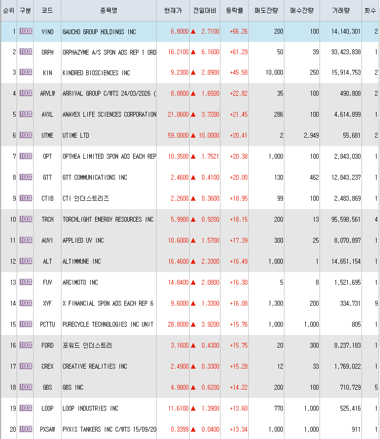  6월16일 미국주식 상승률 상위 종목 TOP 300