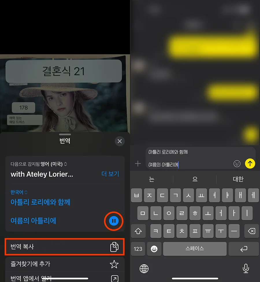 아이폰 기본 카메라로 촬영한 글자들을 번역한 후 복사하고 재생하는 모습