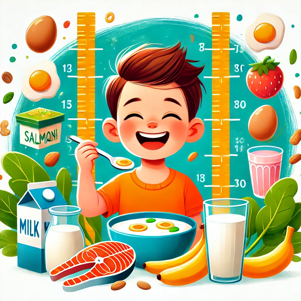 맛있는 슈퍼푸드를 먹으며 키가 쑥쑥 크는 아이의 이미지