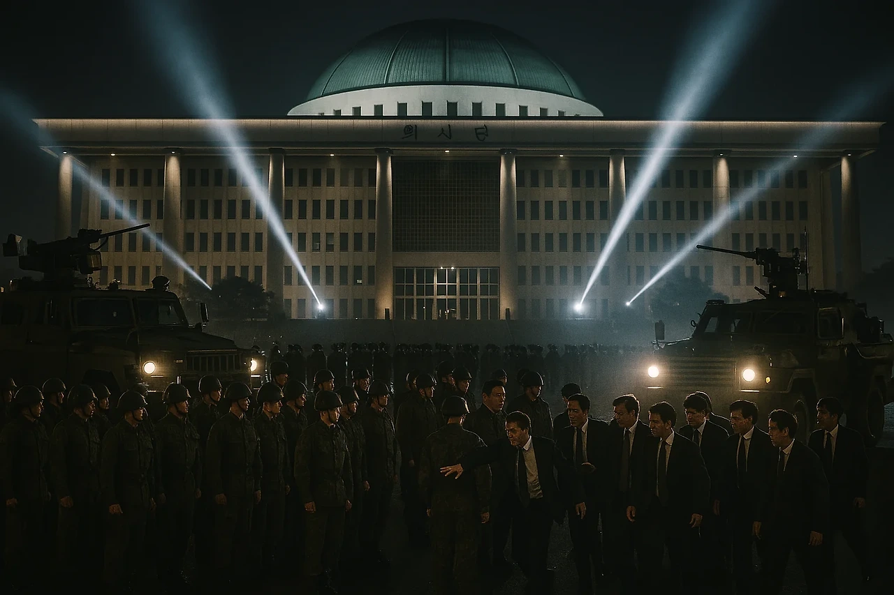 국회의사당을 봉쇄하려는 군인들과 이를 뚫고 들어가려는 국회의원들의 대치 상황