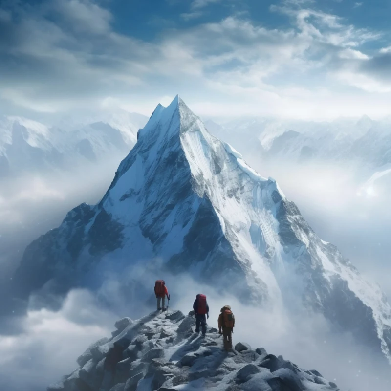 눈으로 덮혀있는 히말라야 산을 등산하는 사람들