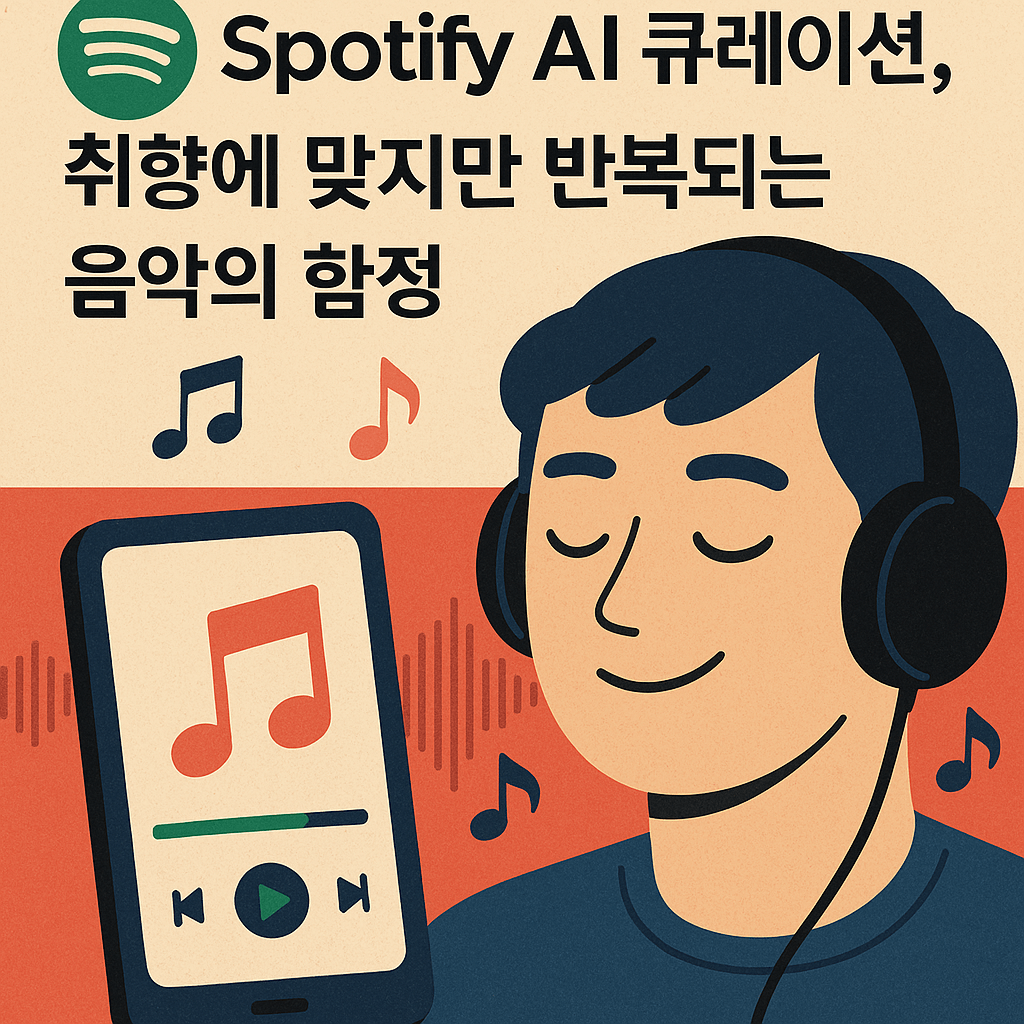 남자가 음악어플의 알고리즘(ai)에 의해 노래 듣는모습을 표현한 이미지