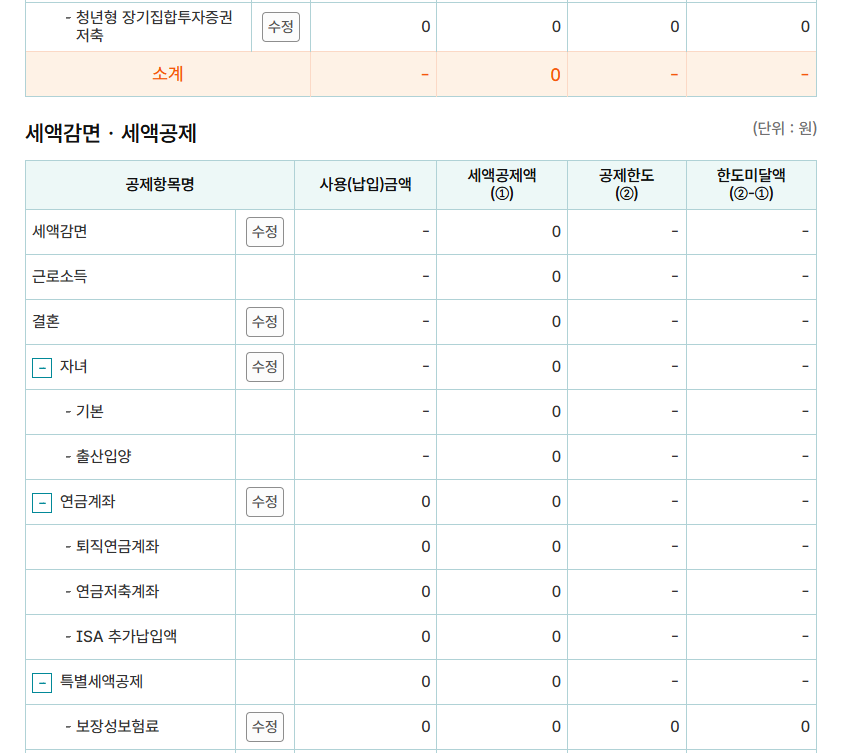 연말정산 모의계산시 세액감면 세액공제