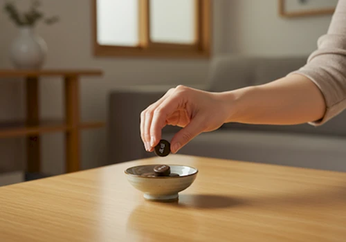 상아공진보 한 알이 놓인 모습과 함께, 복용 후 아침 활력 개선을 경험한 대한민국 여성의 손.