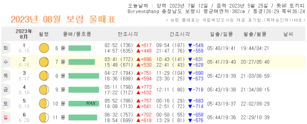 2023년 8월 무창포 물때표