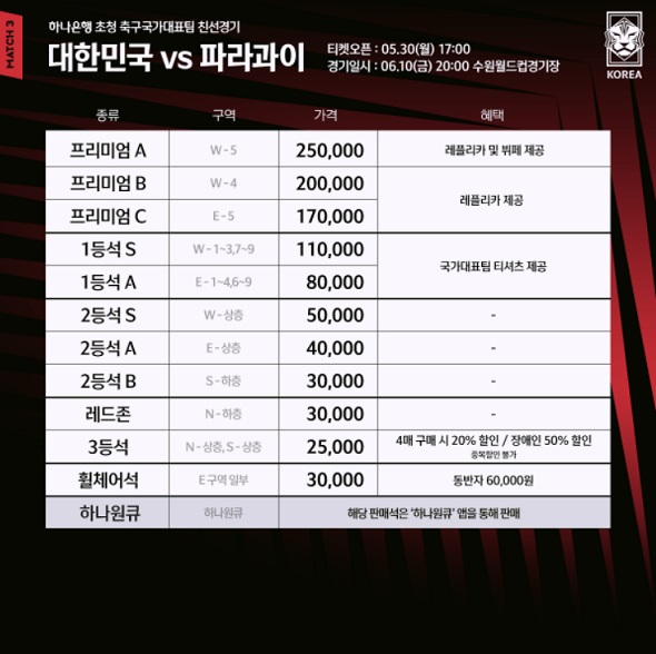 6월 10일 한국 파라과이전 축구 경기 입장권 판매 가격