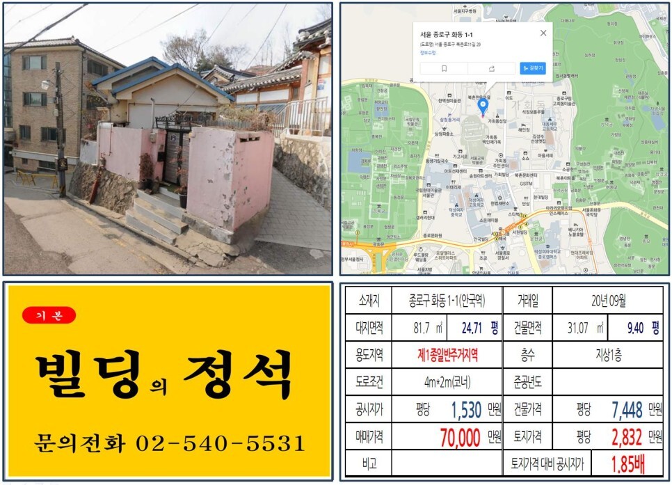  [종로구 북촌한옥마을 협소주택 7억 꼬마빌딩 실거래가 조회] 화동1-1 (안국역) 7억 원, 평당 2,832만 원 매매되었습니다. 정독도서관