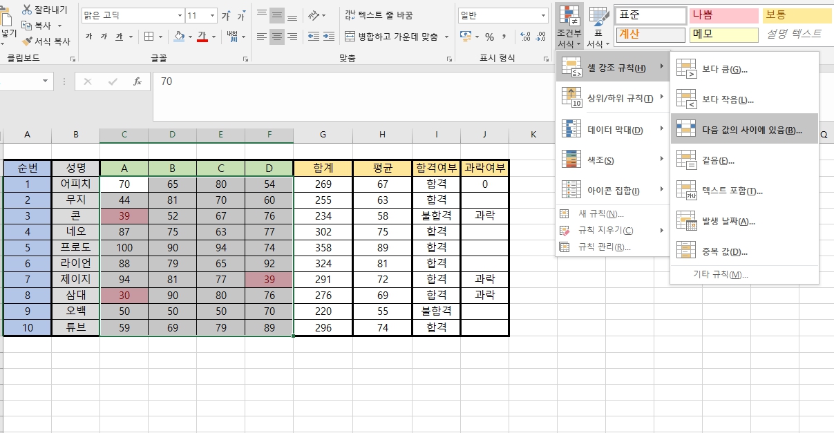 조건부 서식 다음 값의 사이에 있음
