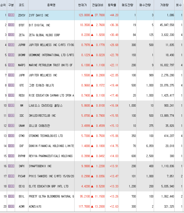  10월5일 미국주식 상승률 상위 종목 TOP 300