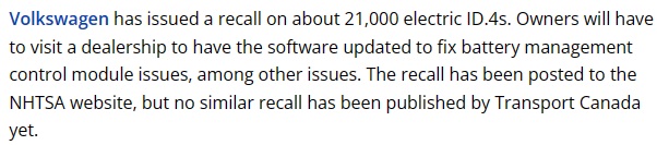 폭스바겐 ID.4는 소프트웨어 수정 리콜이 진행된다.