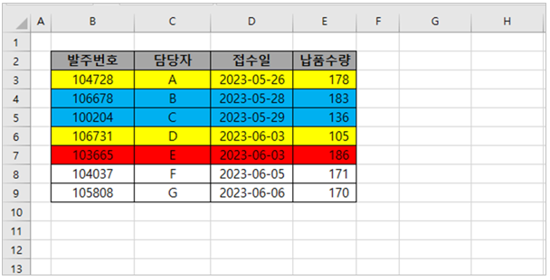 색 기준 정렬 예시 표