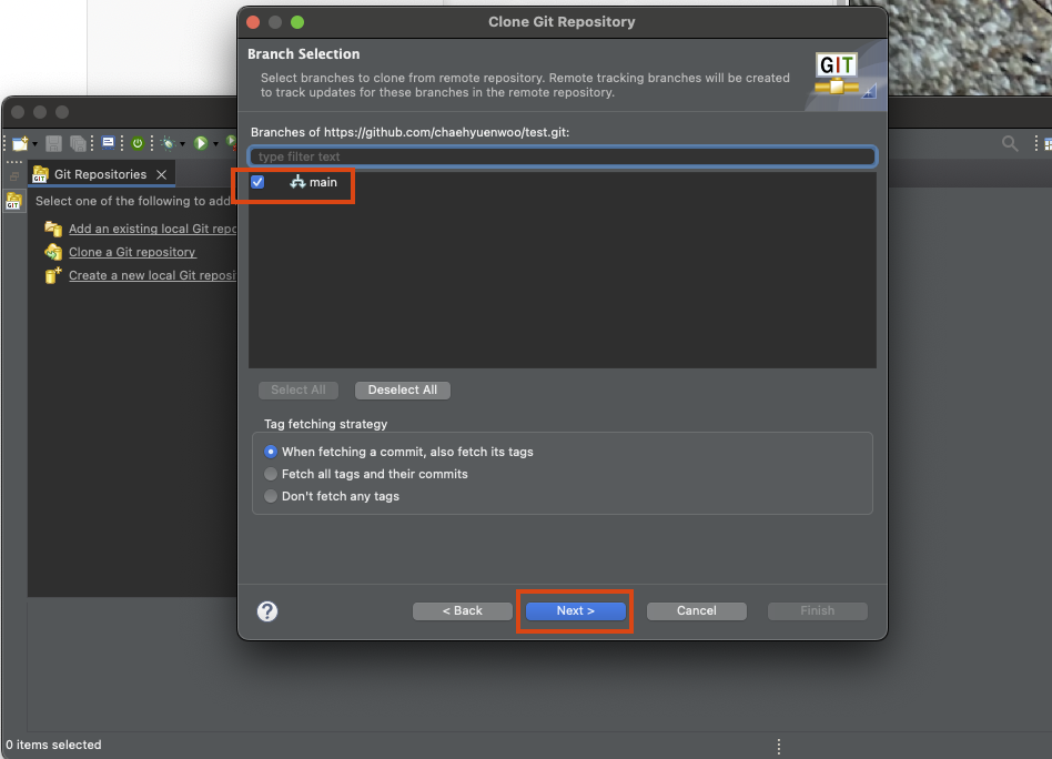 main을 지정하고, Next를 클릭