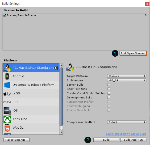 코더제로 유니티 C# 강좌 유니티 스크립트(Unity Script) Build Settings 창