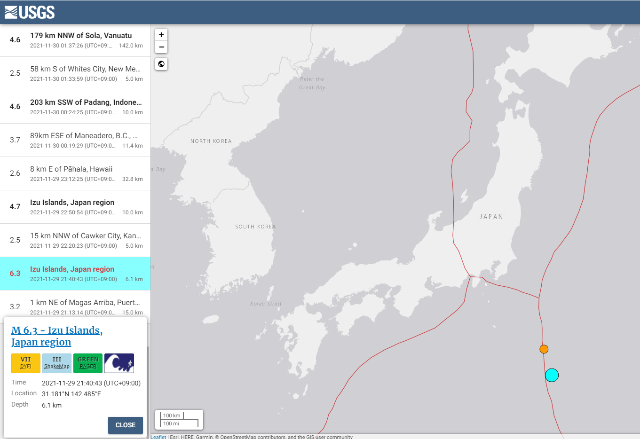 미국지질조사국-USGS-일본-이즈제도-규모6.6-지진발생-정보