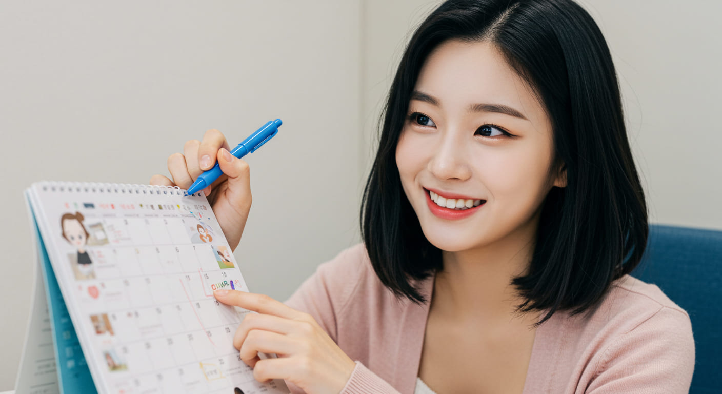여성이 달력을 보며 중요한 날짜를 표시