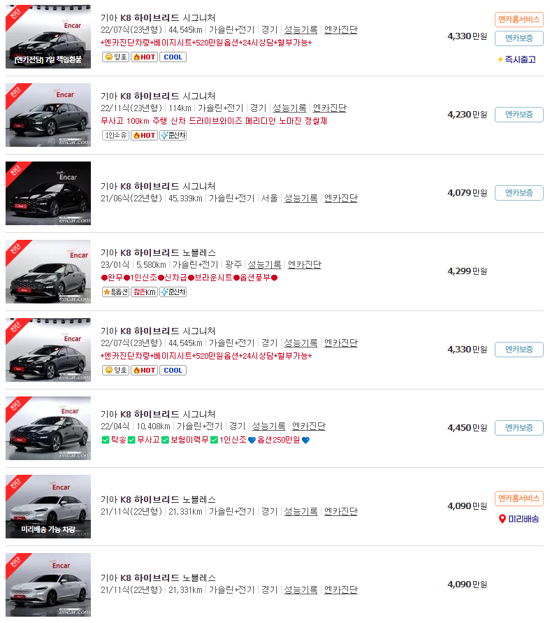 K8 하이브리드(21년~23년식) 중고차 가격