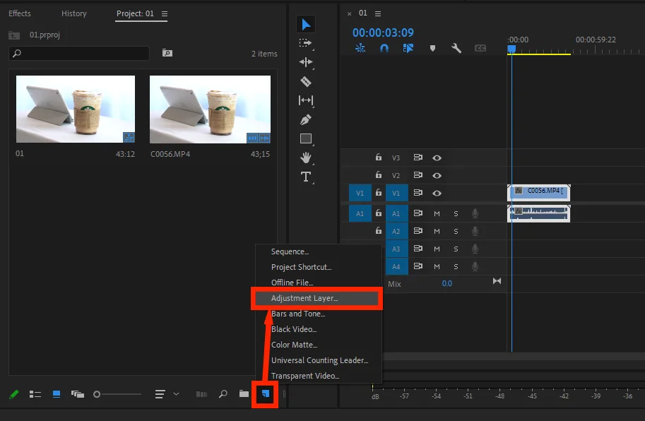 프리미어 프로에서 adjustment layer를 추가하는 모습