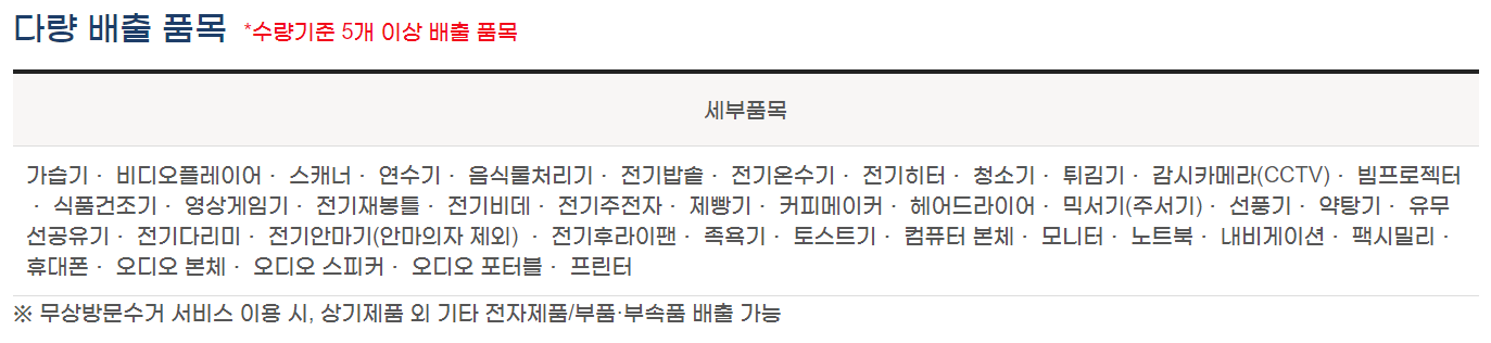 폐가전무상배출예약시스템 소형가전가능 목록