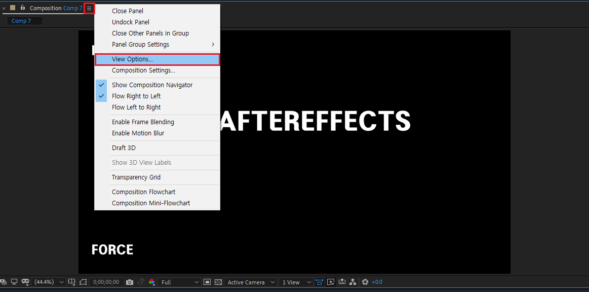 컴포지션의 삼선이 아이콘 클릭 - view option