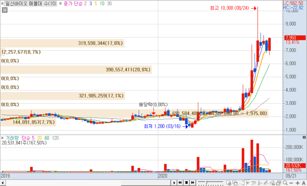 일신바이오 2019년 주봉차트