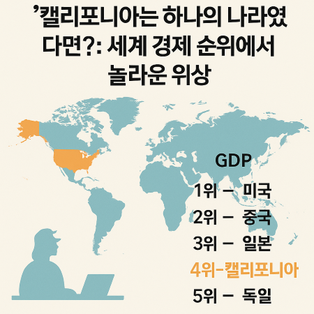 세계 지도 위에 캘리포니아가 강조된 위치로 표시되고, GDP 기준 세계 4위로 순위 매겨진 인포그래픽