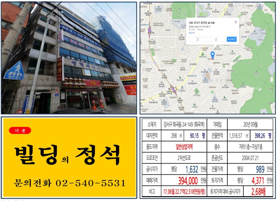  [강서구 강서구청 먹자상권 꼬마빌딩 실거래가 조회] 화곡동 24-149 (화곡역역) 39.4억 원, 평당 4,933만 원 매매되었습니다. 강서힐