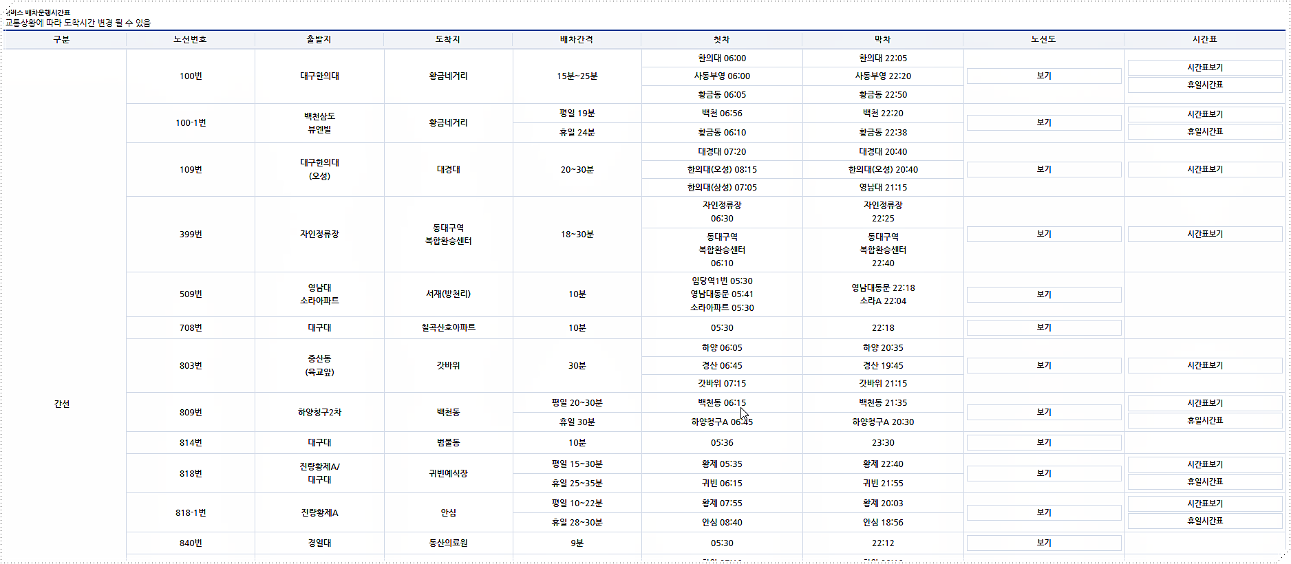 경산시 시내버스 시간표