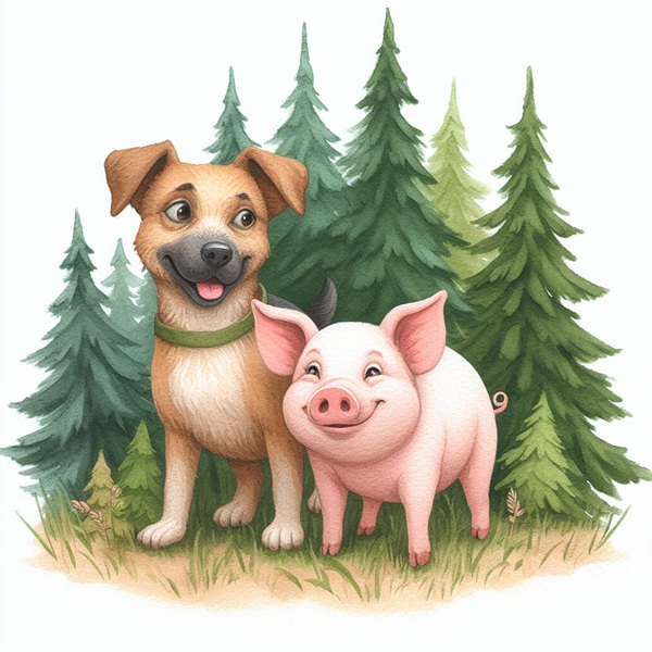 개와 돼지가 웃고 있는 그림