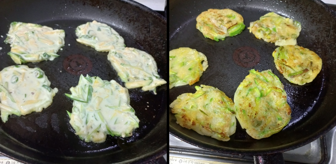 팬에 호박전 부치는 사진