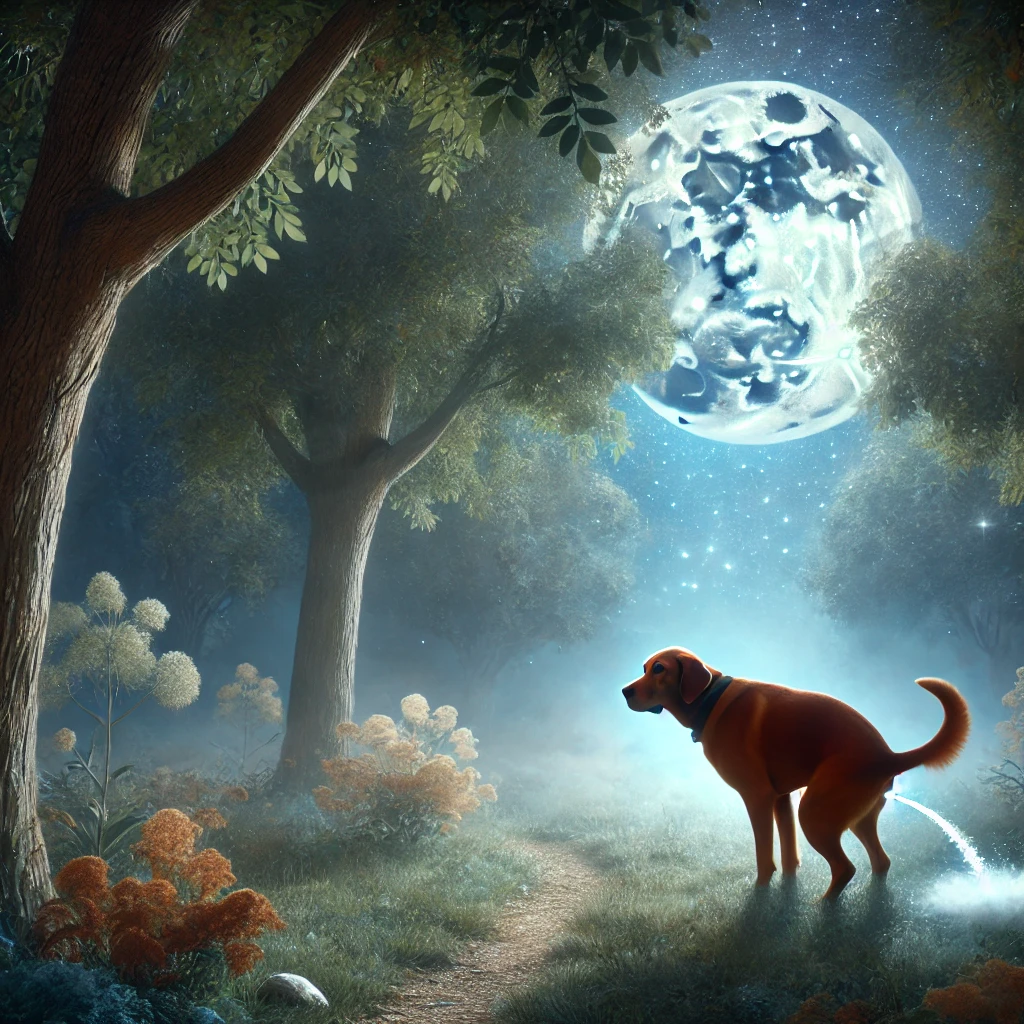 갈색 강아지가 평화로운 달빛이 비치는 정원에서 오줌을 싸고 있는 꿈. 강아지가 만족스러운 표정을 짓고 있으며, 정원과 강아지 주변에 부드러운 빛이 감도는 모습