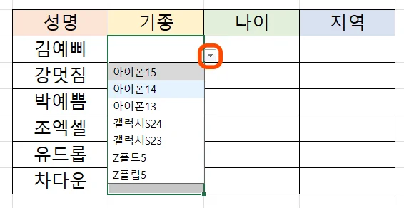 엑셀 드롭다운 사용이 가능한 모습