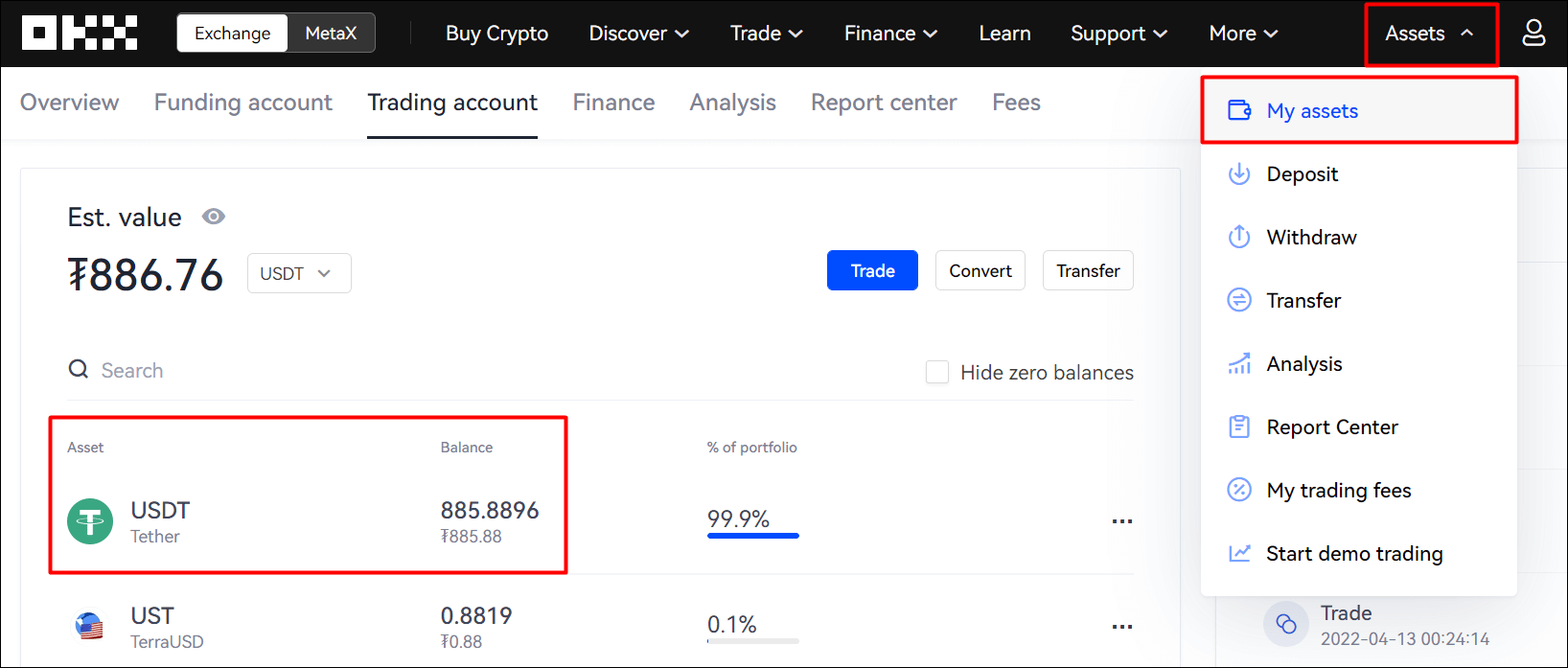 OKX 잔고에서 테더(USDT) 잔액이 885.8896 임을 확인하는 사진