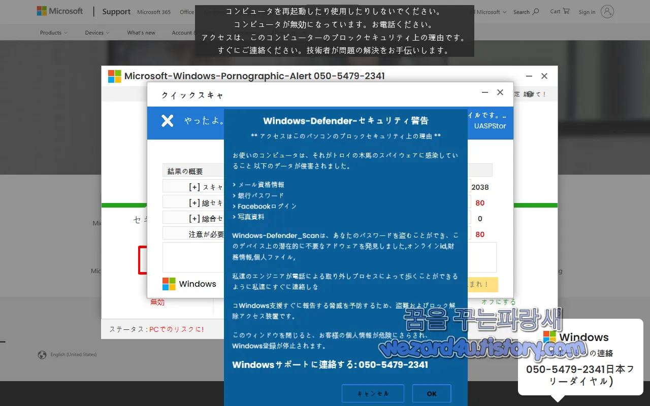 마이크로소프트 사칭 피싱 사이트 악성코드 경고 화면