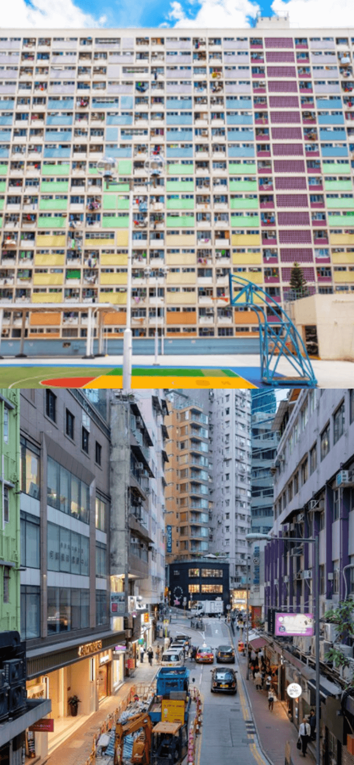 홍콩-파스텔색으로-깔끔하게-칠해져-있는-차이홍-아파트와-북적거리는-소호거리