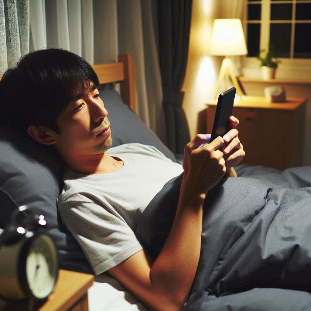 a person who stays up late in bed looking at his or her smartphone