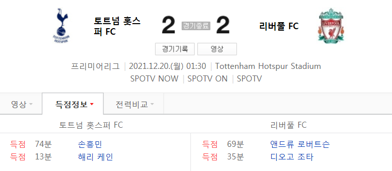  21/22 시즌 EPL 18라운드 - 토트넘 VS 리버풀 경기 (손흥민 토트넘 300번째 경기, 리그 7호골 영상)