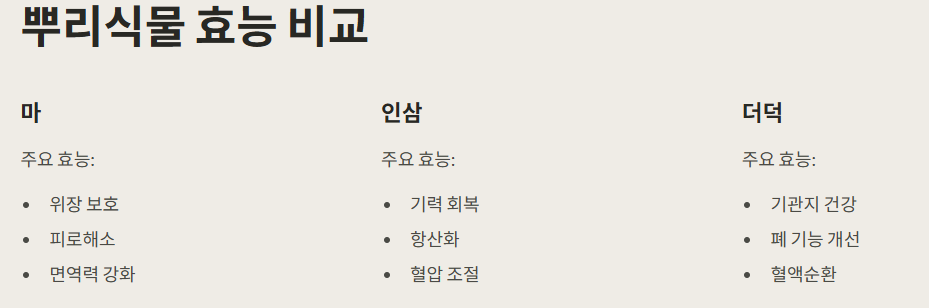 뿌리식물 효능 비교