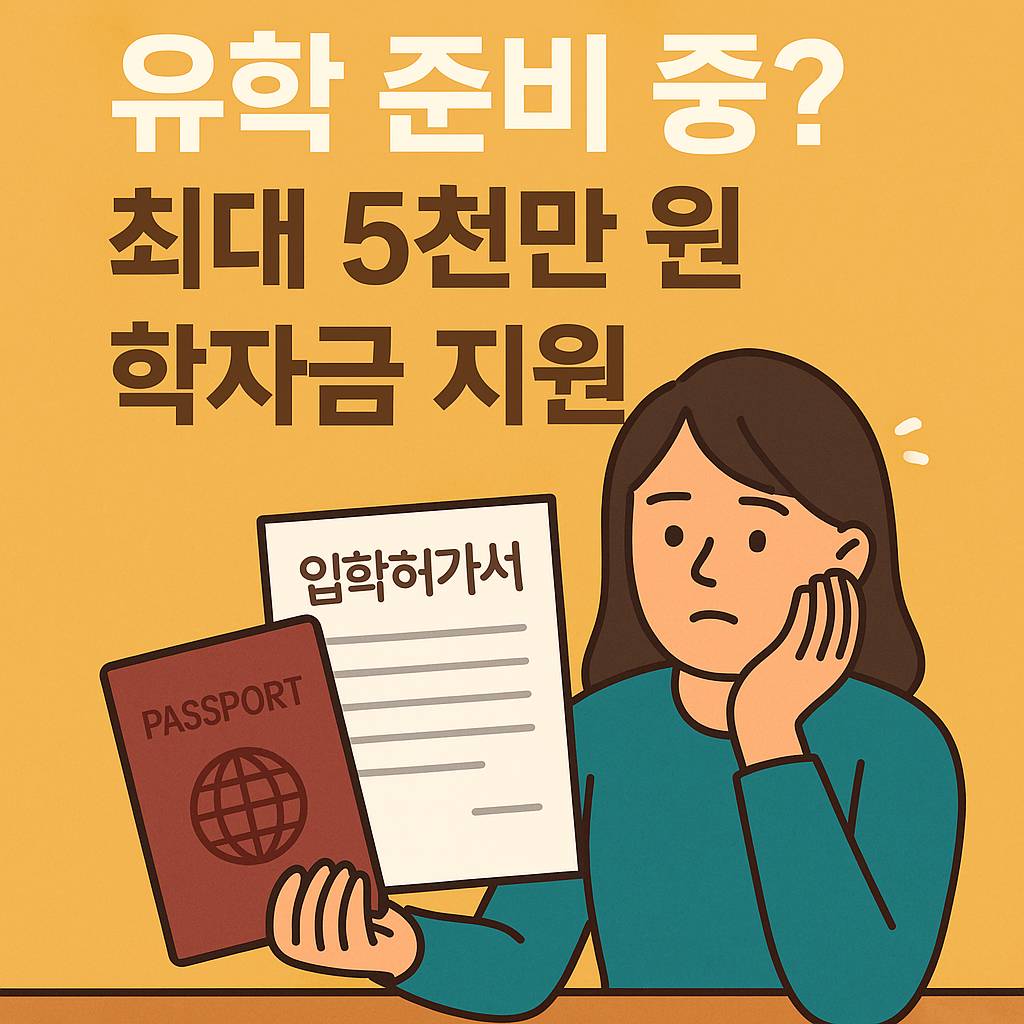 유학을 준비하는 여성이 입학허가서와 여권을 들고 고민하는 모습과 '유학 준비 중? 최대 5천만 원 학자금 지원' 문구가 강조된 2025 하나은행 유학생 학자금대출 안내용 썸네일 이미지