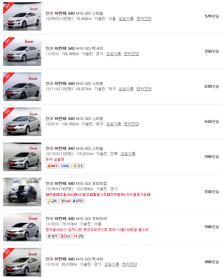 아반떼 MD 중고차 시세