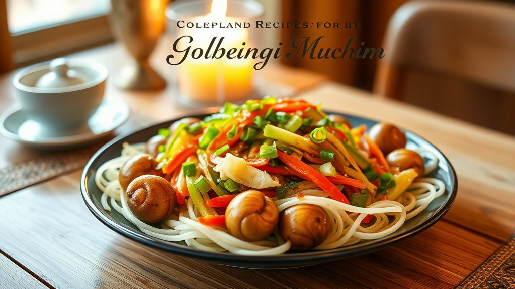 A delicious plate of spicy sea snail salad (Golbaengi Muchim) centered, with pieces of fresh vegetables and cooked somen noodles slightly arranged around it. Cozy dining table background under warm lighting. "Golden Recipe for Golbaengi Muchim" text overlay.