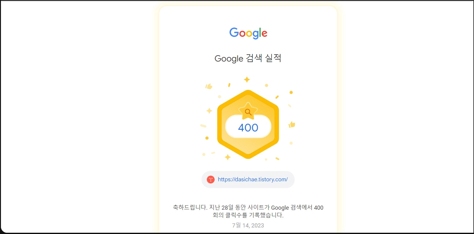 구글 서치 콘솔에서 28일 동안 400회 클릭수를 기록했다는 검색 실적을 보여주는 이미지입니다.