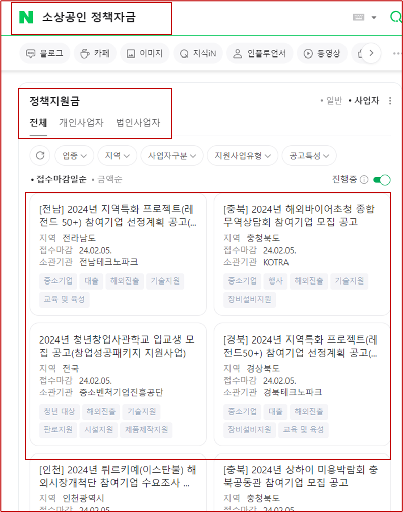 네이버 중소기업정책자금 검색화면
