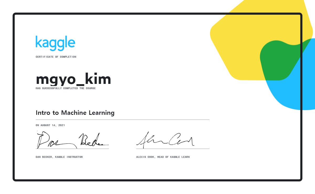  Kaggle Intro to Machine Learning Certificate