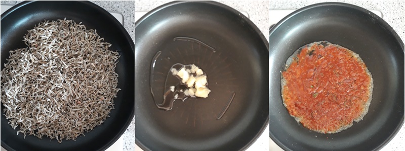 왼쪽: 프라이팬에 멸치를 살짝 볶는 이미지
가운데: 가열된 프라이팬에 식용유를 두르고 마늘을 넣은 이미지
오른쪽: 양념 재료들을 넣고 바글바를 끓이는 이미지