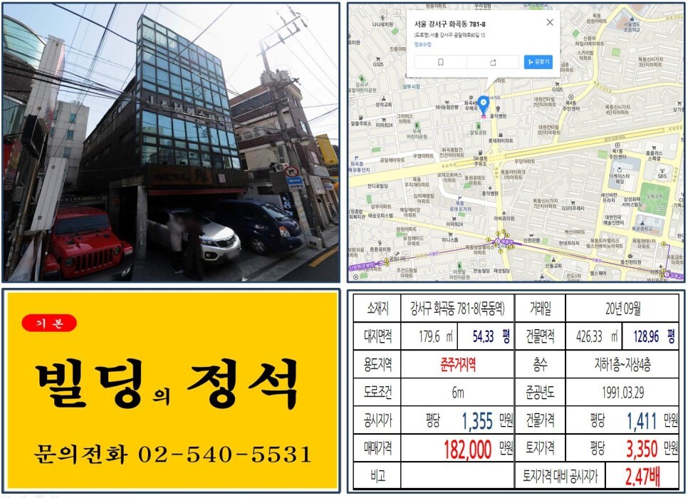  [강서구 홍익병원사거리 10억 꼬마빌딩 실거래가 조회] 화곡동 781-8 (목동역) 18억 2,000만 원, 평당 3,350만 원 매매되었습니다. 곰달래길 꼬마빌딩