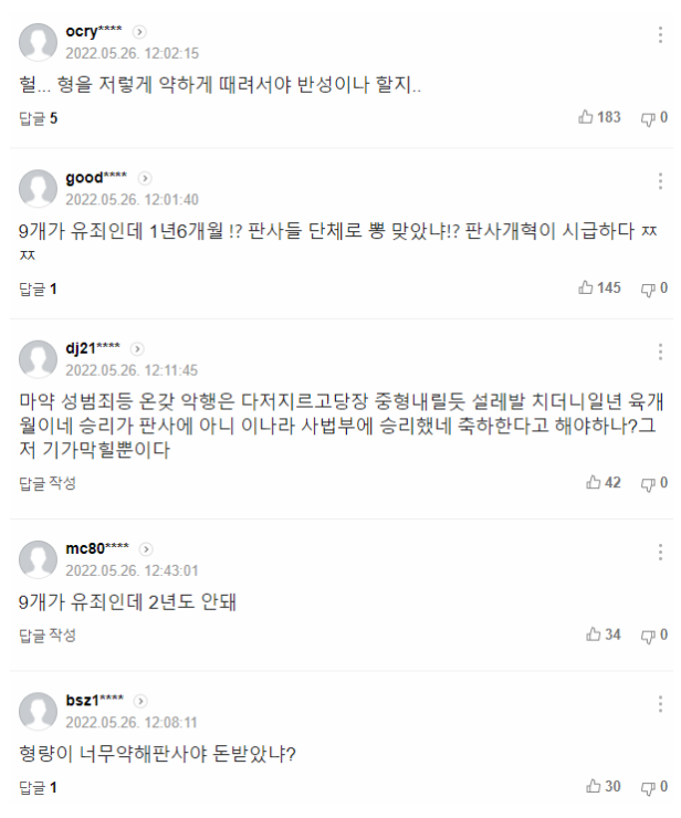 승리 형량에 대한 네티즌 반응