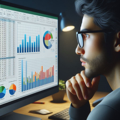 여러 차트와 데이터를 분석하는 사람의 모습입니다.