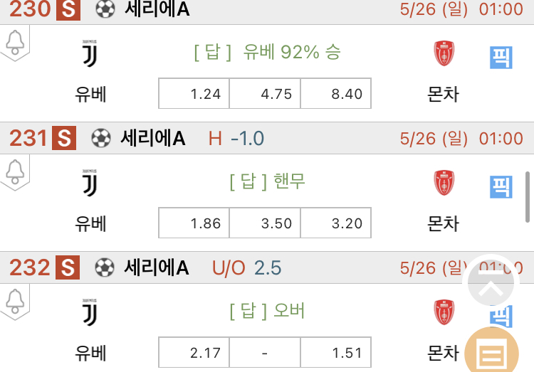 [진짜총판] 5월25일 유벤투스 VS 몬차 축구분석